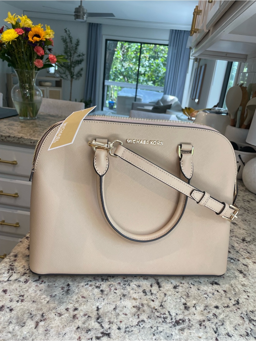 Michael Kors Neutral Beige Dome Satchel with Gold Hardware